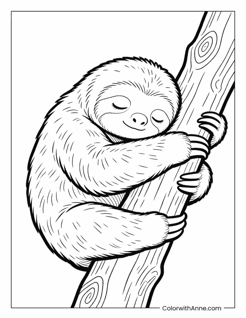 Sleepy Sloth Hugging a Branch Coloring Page