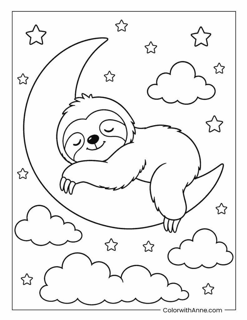 Sleepy Sloth Napping on a Crescent Moon Coloring Page