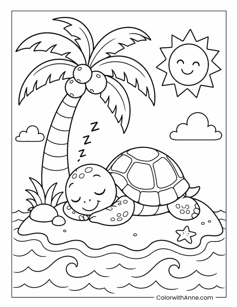 Sleepy Turtle on a Tropical Island Coloring Page