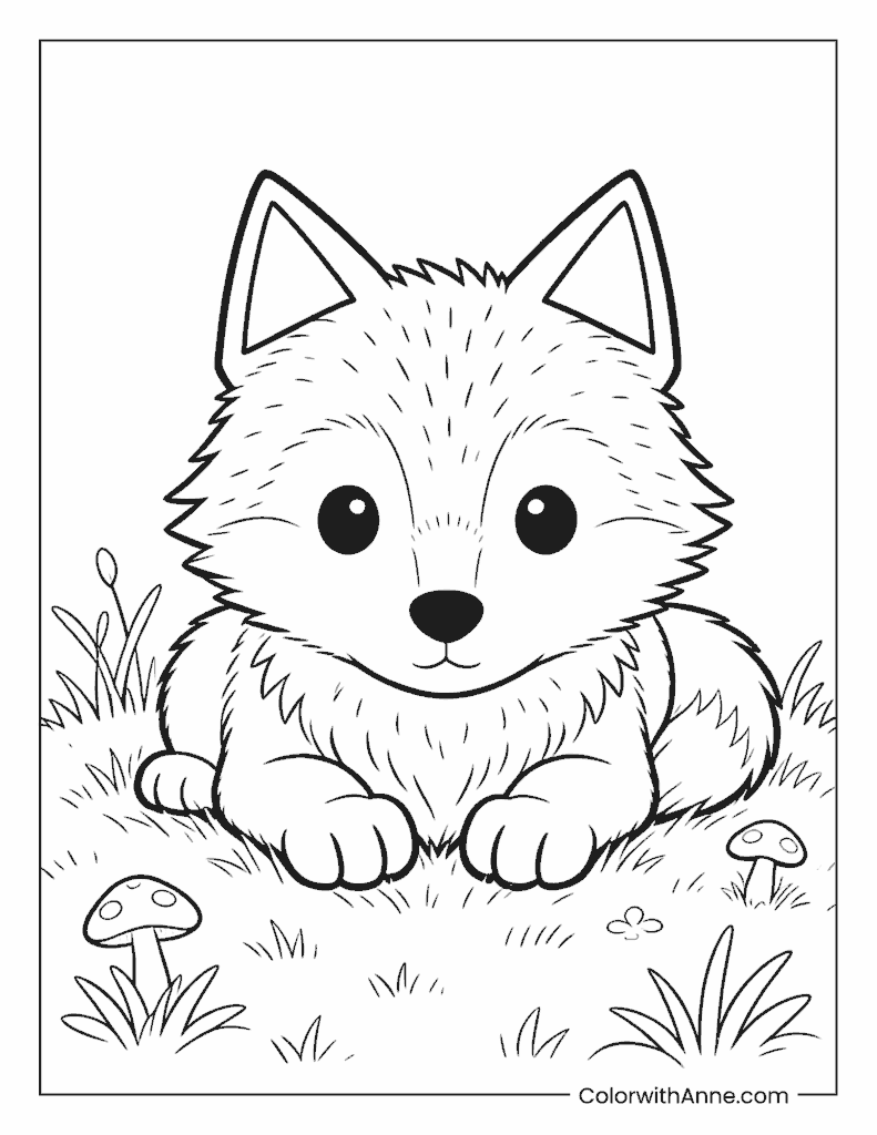 Sleepy Wolf Puppy in a Mushroom Field Coloring Page