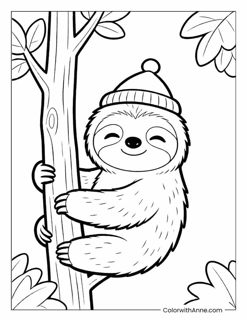 Cute Sloth Climbing a Tree in a Beanie Coloring Page