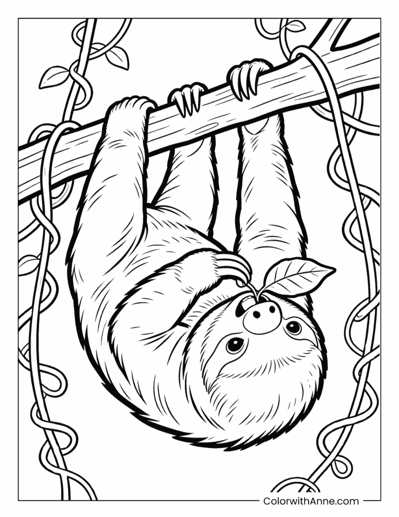 Sloth Hanging and Munching on a Vine Coloring Page