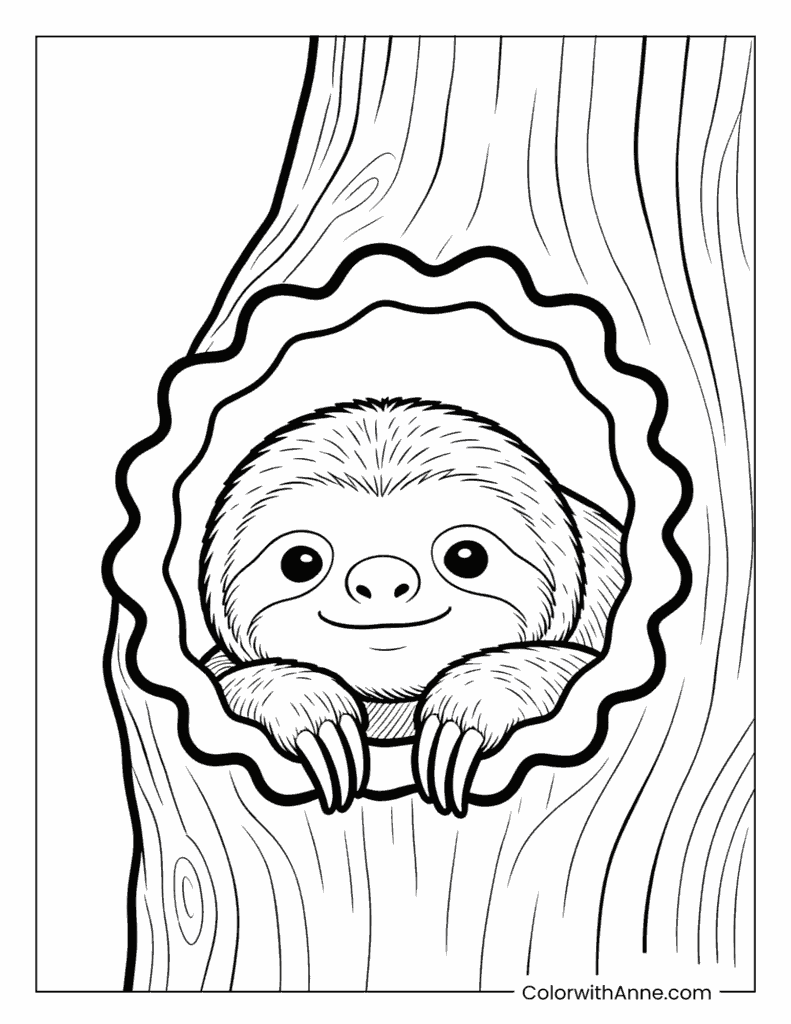 Sloth Peeking from a Tree Hollow Coloring Page