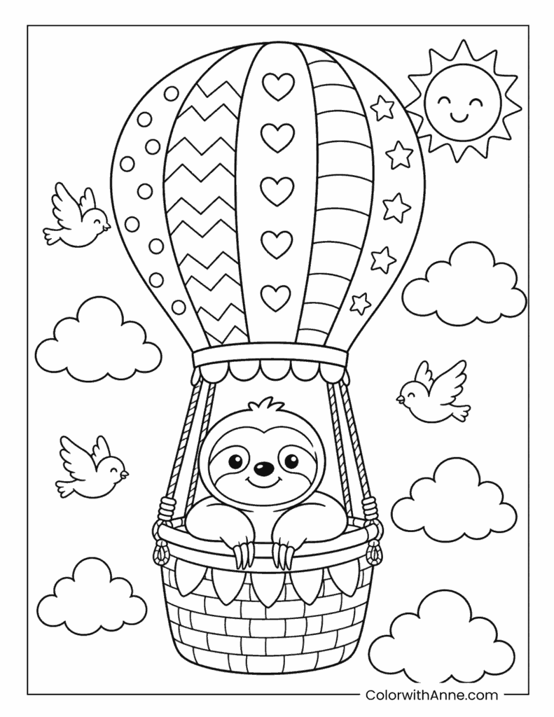 Sloth Riding in a Hot Air Balloon Coloring Page