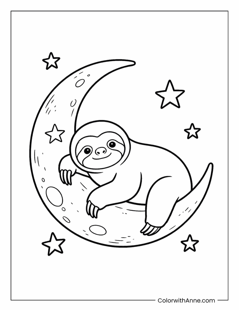 Sloth Sleeping on a Crescent Moon Coloring Page