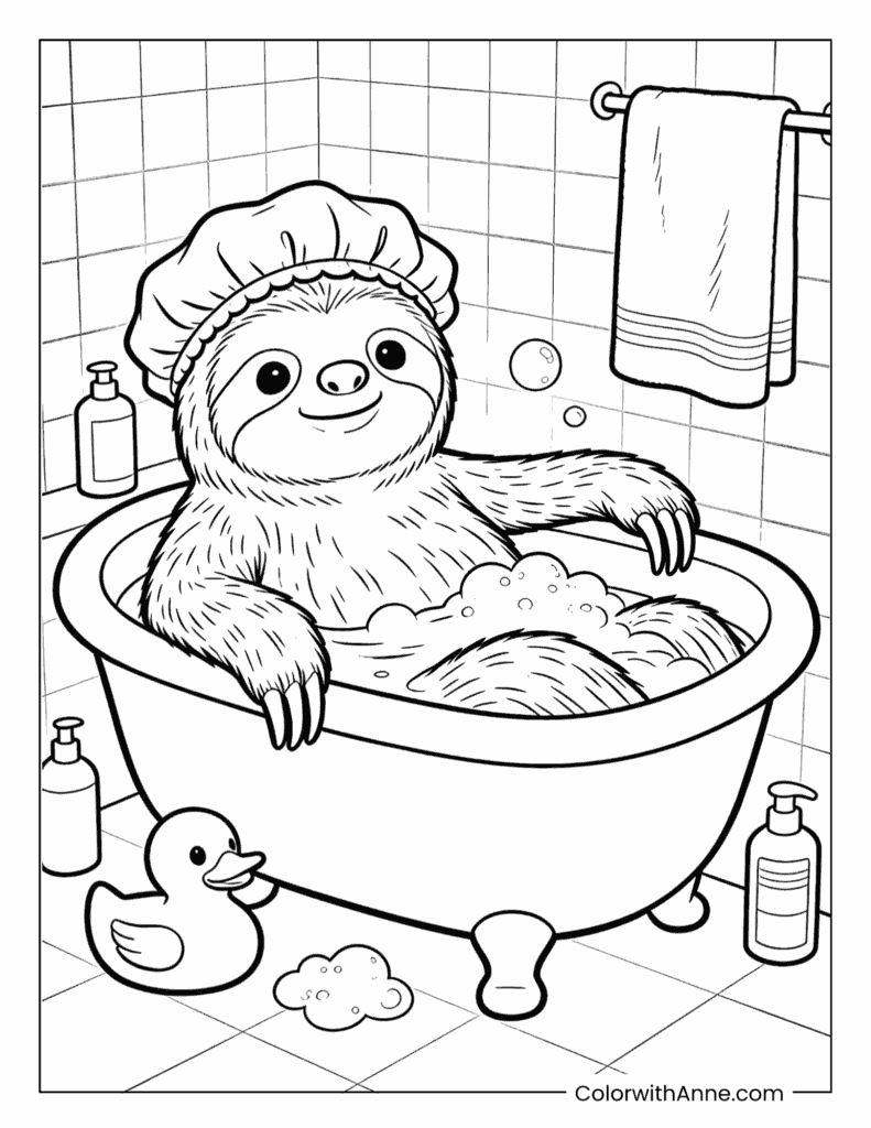 Sloth Taking a Bubble Bath Coloring Page