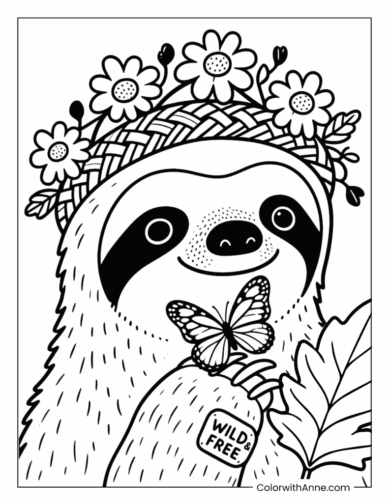 Sloth and Flowers Coloring Page