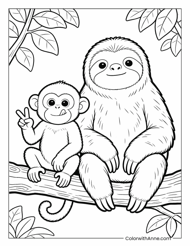 Cute Sloth and Monkey Buddies in the Tree Coloring Page