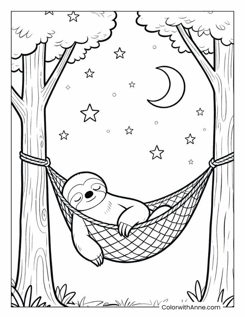Sloth in a Hammock Under the Stars Coloring Page