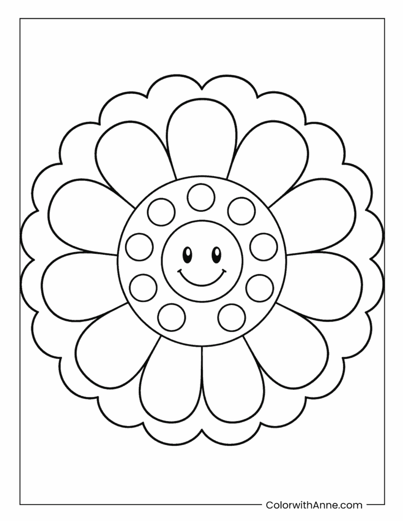 Smiley Flower Mandala With Round Petals Coloring Page