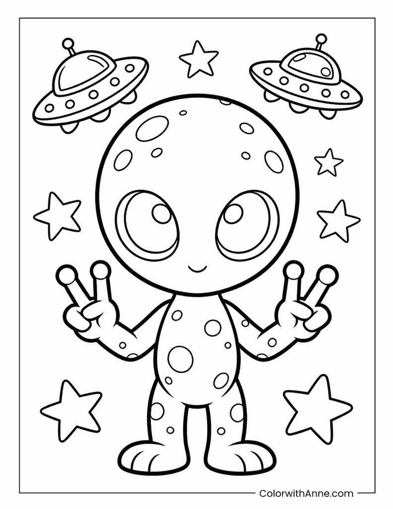 Smiling Alien Giving a Peace Sign with UFOs Coloring Page