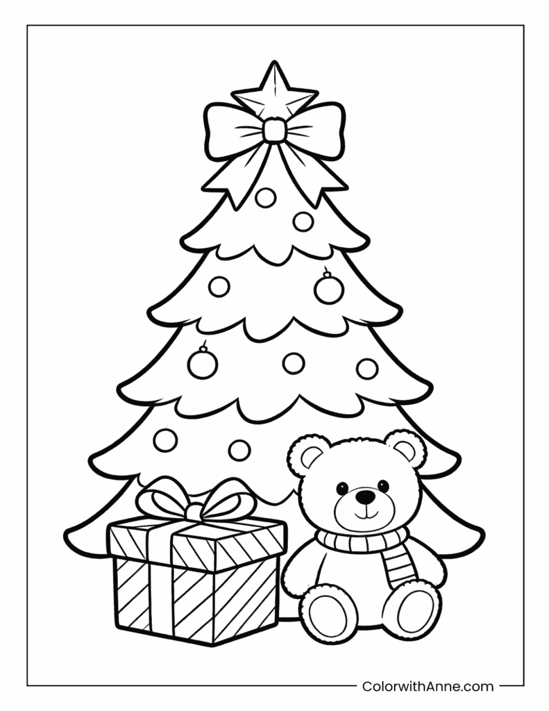 Smiling Bear with Scarf Under Christmas Tree Coloring Page