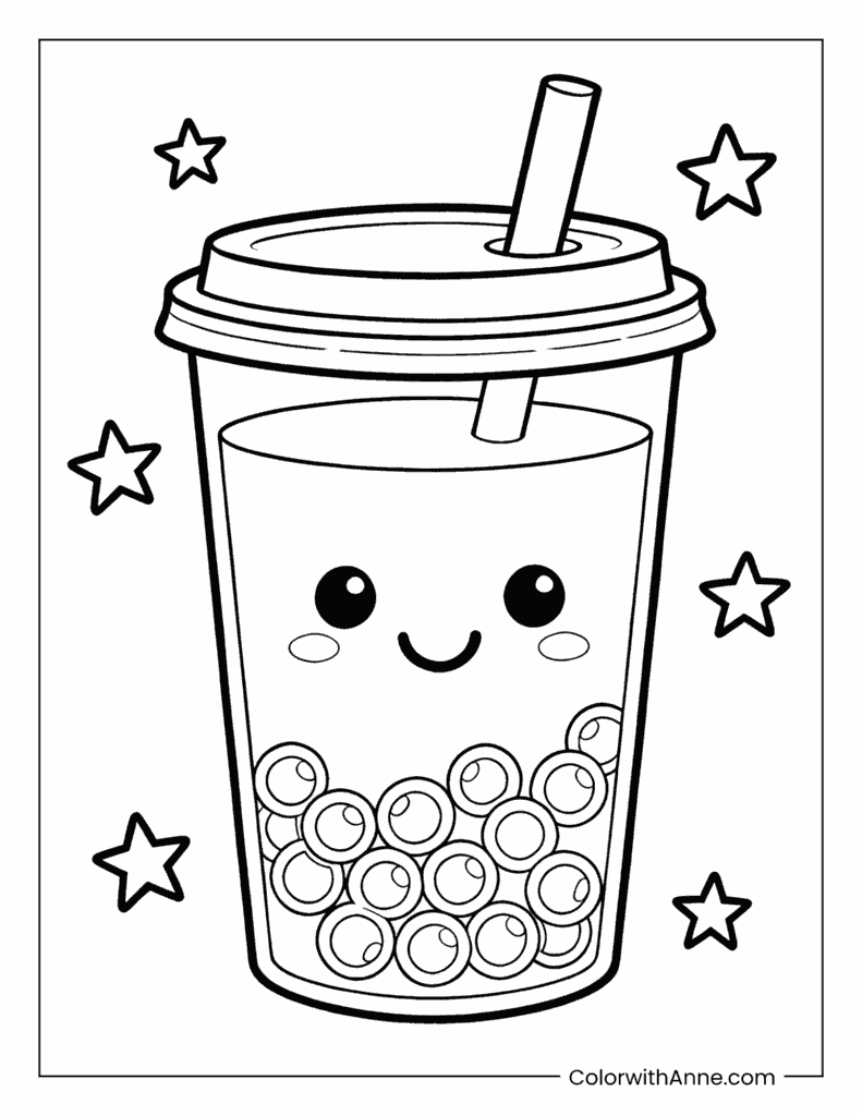 Smiling Boba Cup with Stars Coloring Page