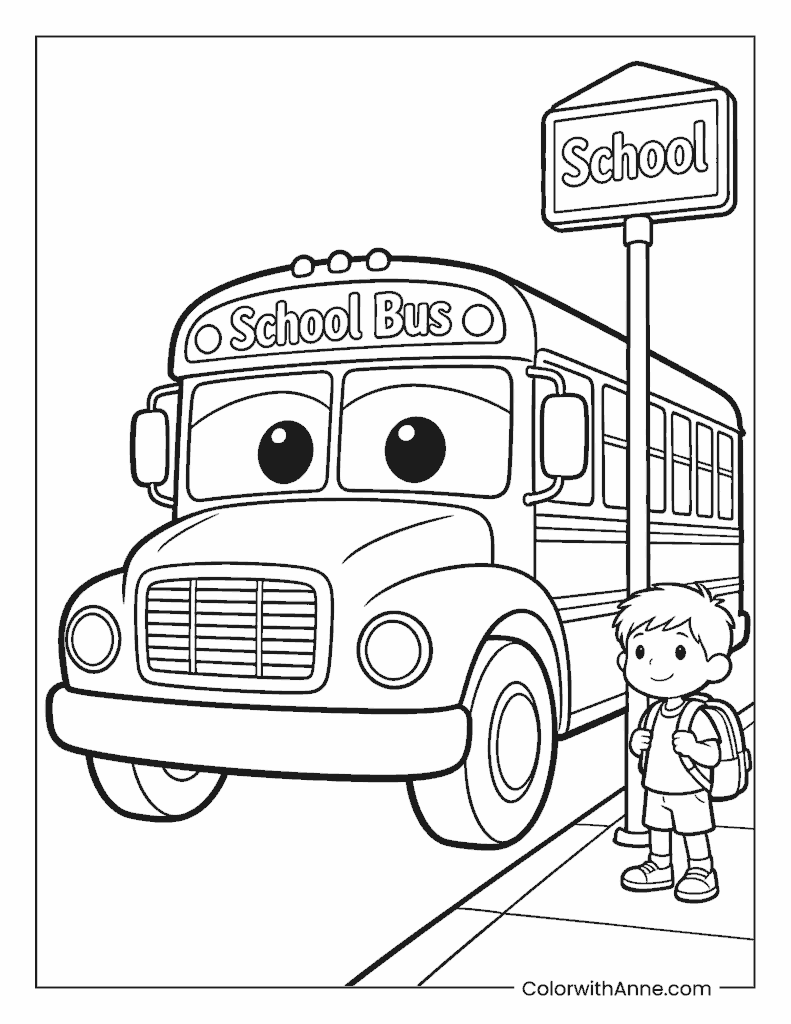 Smiling Boy Waiting for the School Bus Coloring Page