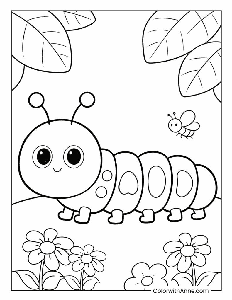 Smiling Caterpillar with a Bee and Blossoms Coloring Page