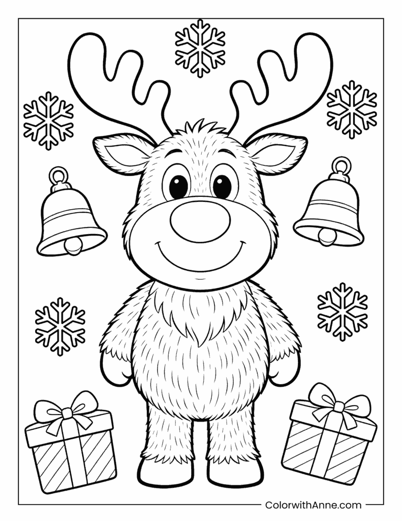 Smiling Christmas Reindeer with Decorations Coloring Page