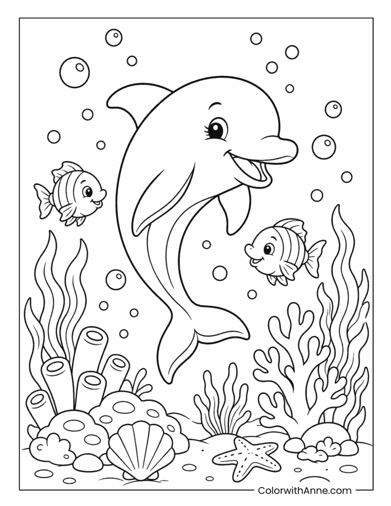 Smiling Dolphin Exploring an Underwater Coral Reef Coloring Page