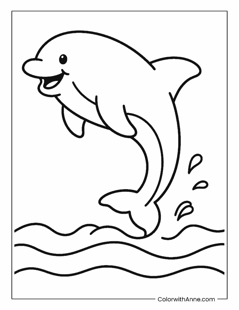 Smiling Dolphin Jumping Over Waves Coloring Page
