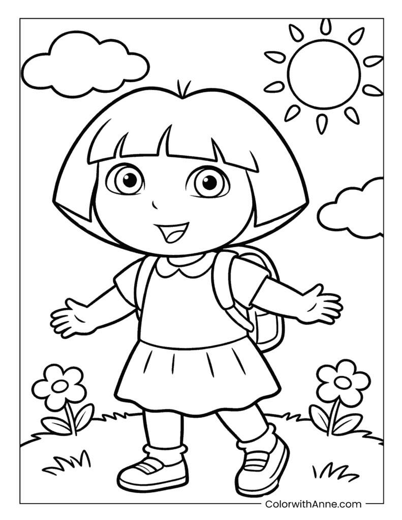 Smiling Dora Standing in the Grass Coloring Page