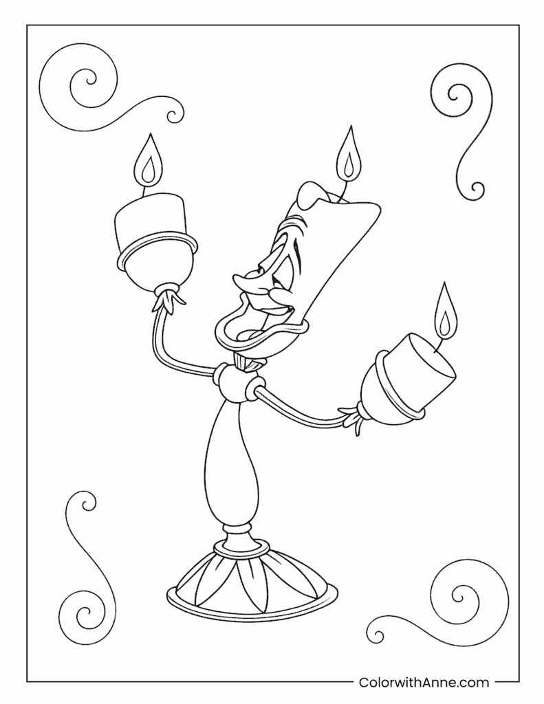 Smiling Enchanted Candle Lumiere Coloring Page