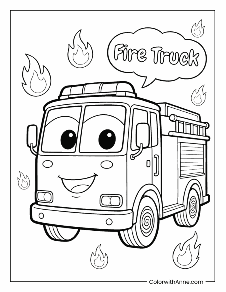 Smiling Fire Truck with Ladder and Water Tank Coloring Page