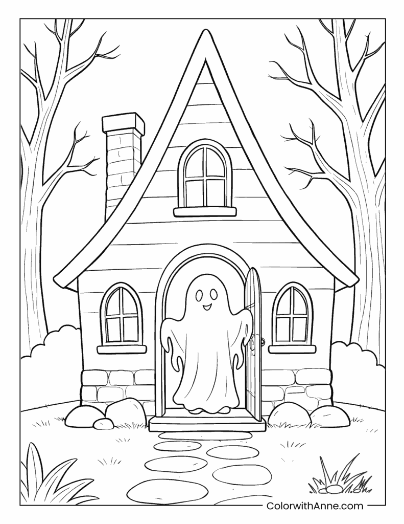 Smiling Ghost Welcoming at the Door Coloring Page