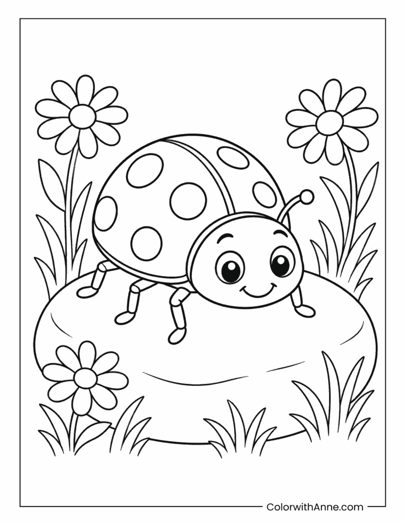 Smiling Ladybug on a Rock Among Daisies Coloring Page
