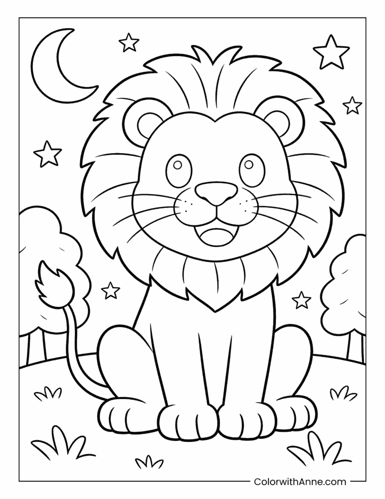 Smiling Lion on a Starry Night Coloring Page