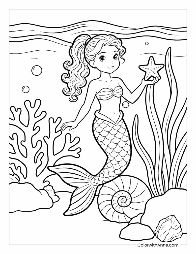Smiling Mermaid Holding a Starfish Under the Sea Coloring Page