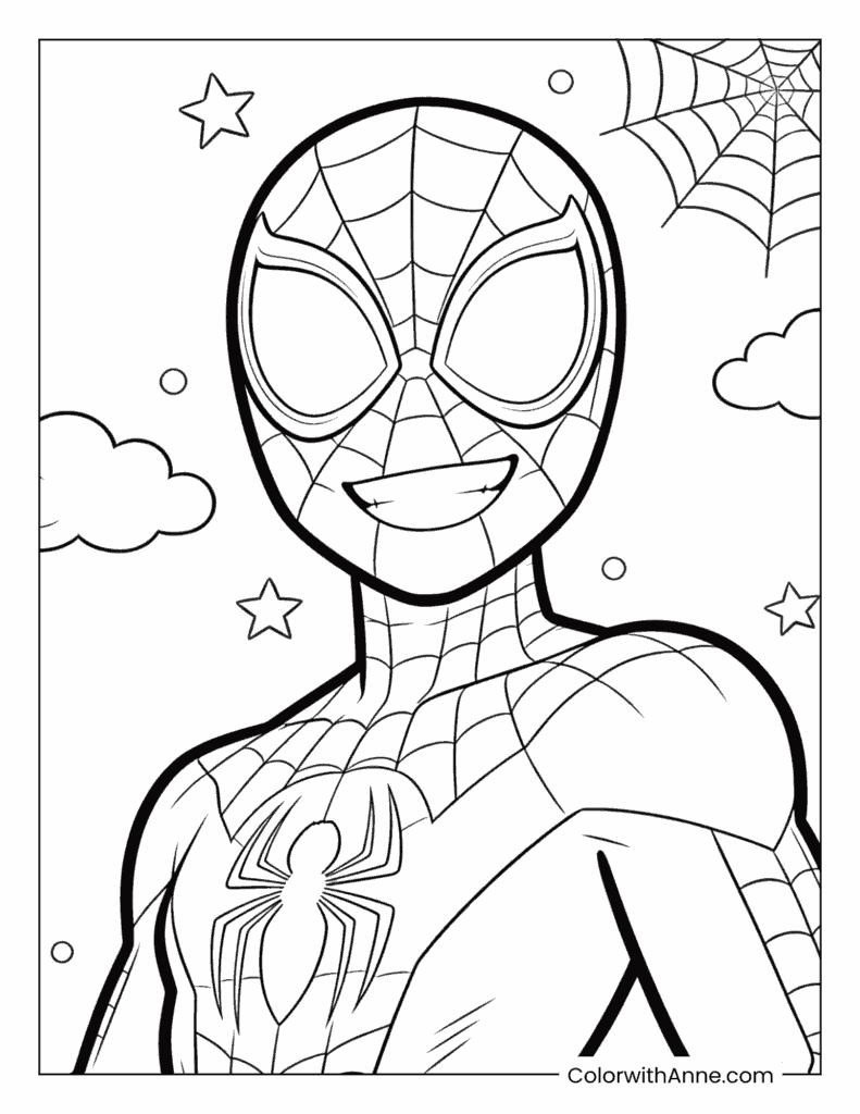 Smiling Miles Morales with Stars and Clouds Coloring Page