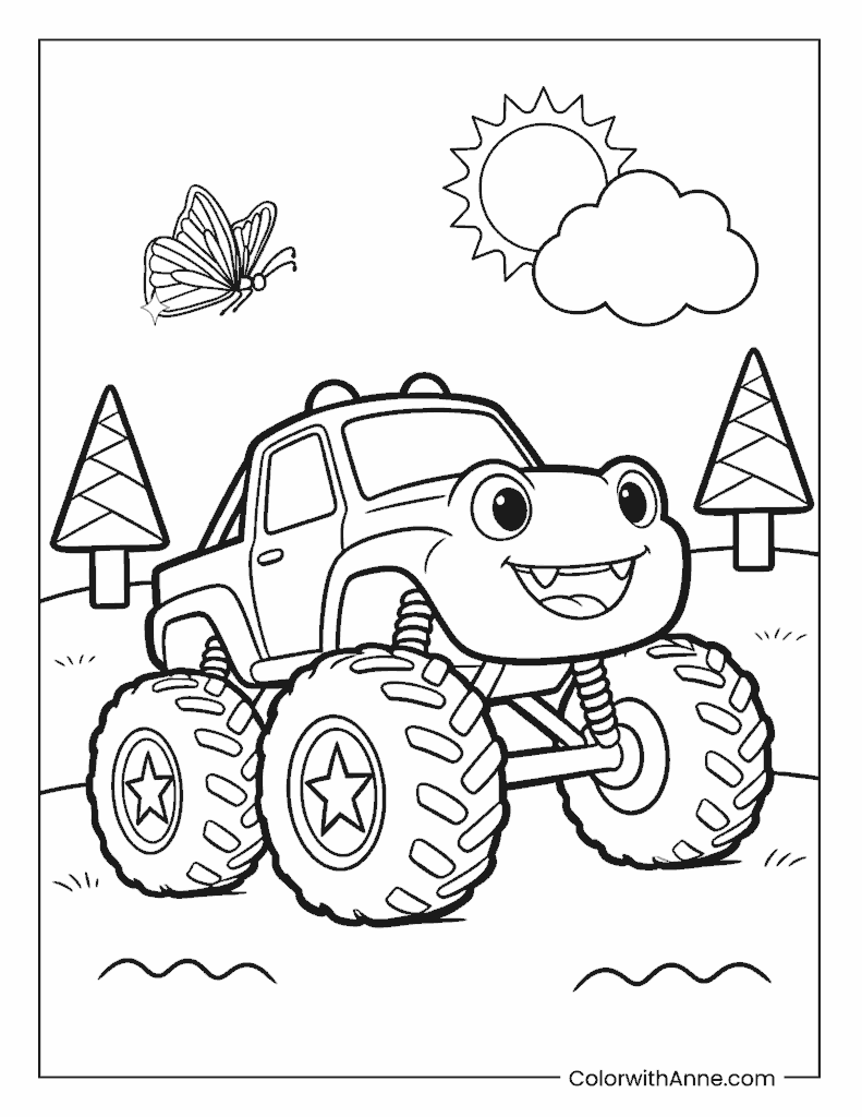 Smiling Monster Truck in a Sunny Forest Coloring Page
