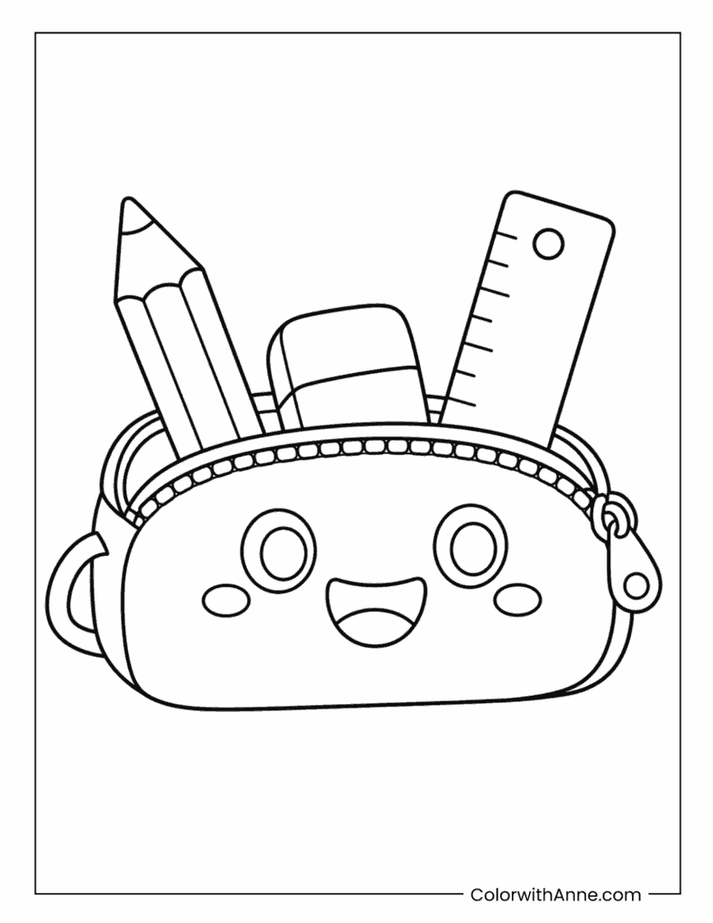 Smiling Pencil Case with School Supplies Coloring Page