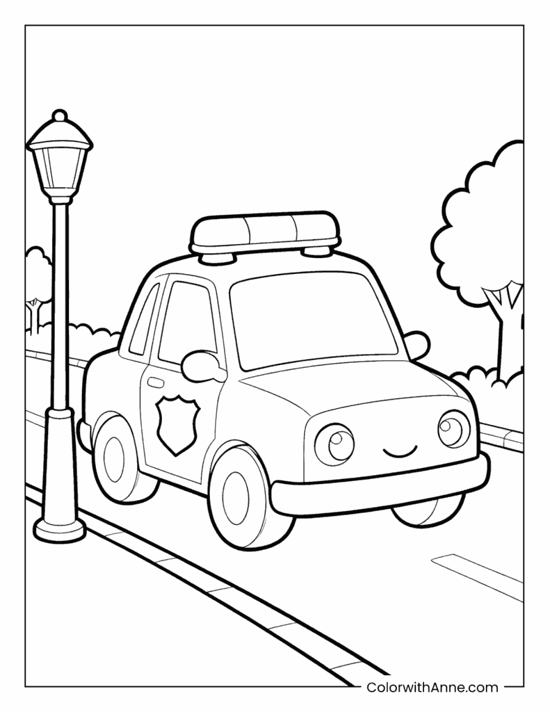 Smiling Police Car with Streetlight in a Park Coloring Page