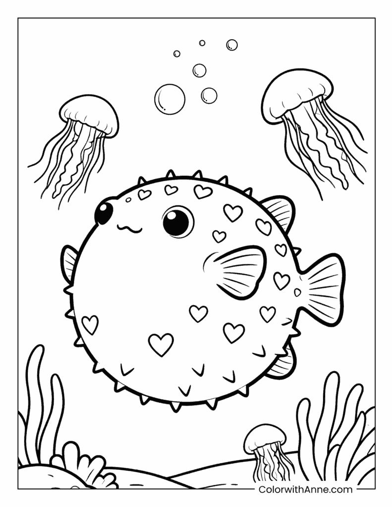Smiling Pufferfish with Heart-Shaped Spots Coloring Page