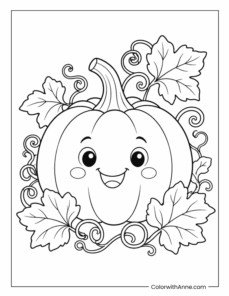 Smiling Pumpkin With Autumn Leaves Coloring Page
