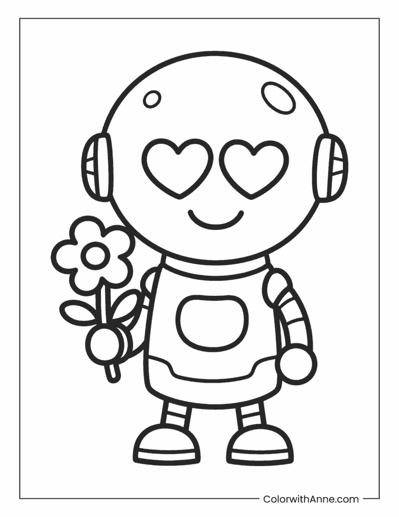Smiling Robot Holding a Flower Coloring Page