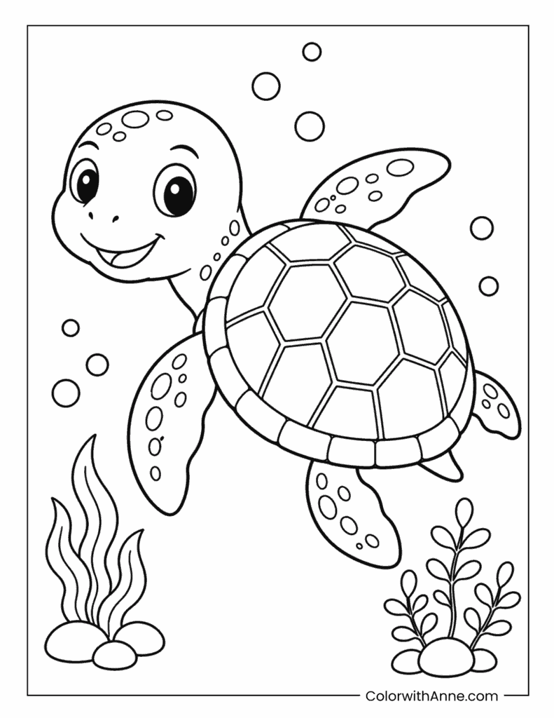 Smiling Sea Turtle Swimming Underwater Coloring Page