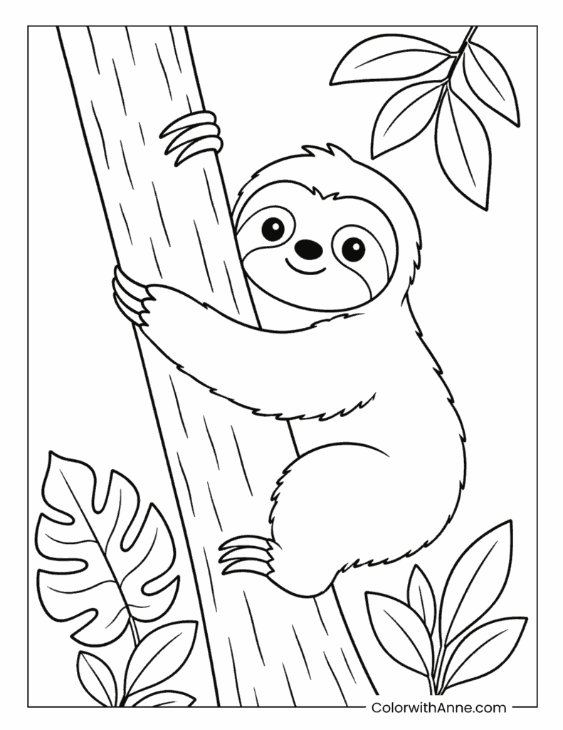 Smiling Sloth Climbing a Tree Trunk Coloring Page