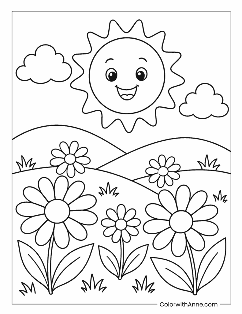 Smiling Sun and Daisy Field Coloring Page