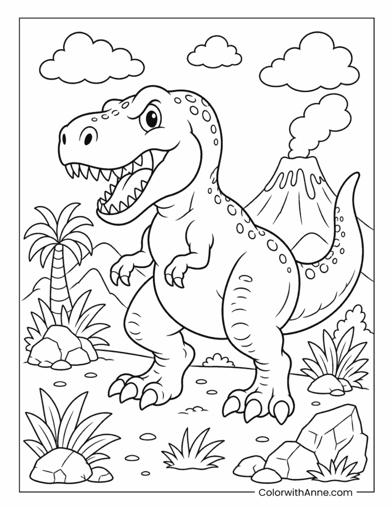 Smiling T-Rex in a Prehistoric Volcano Landscape Coloring Page