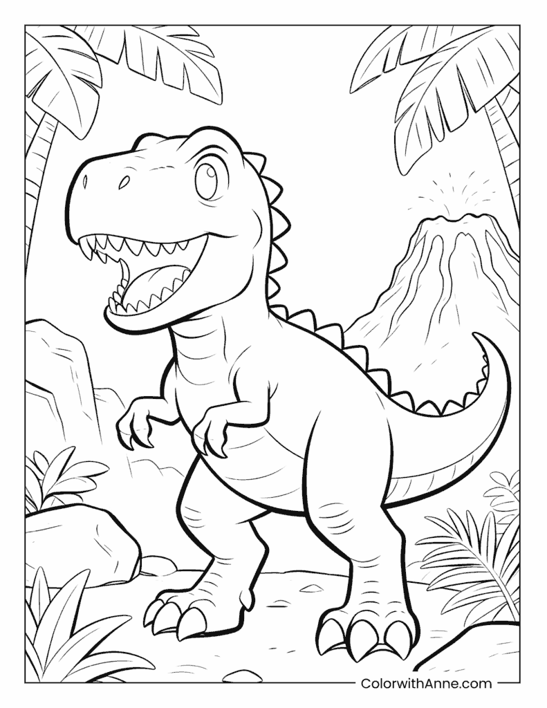 Smiling T-rex in a Prehistoric Jungle Coloring Page