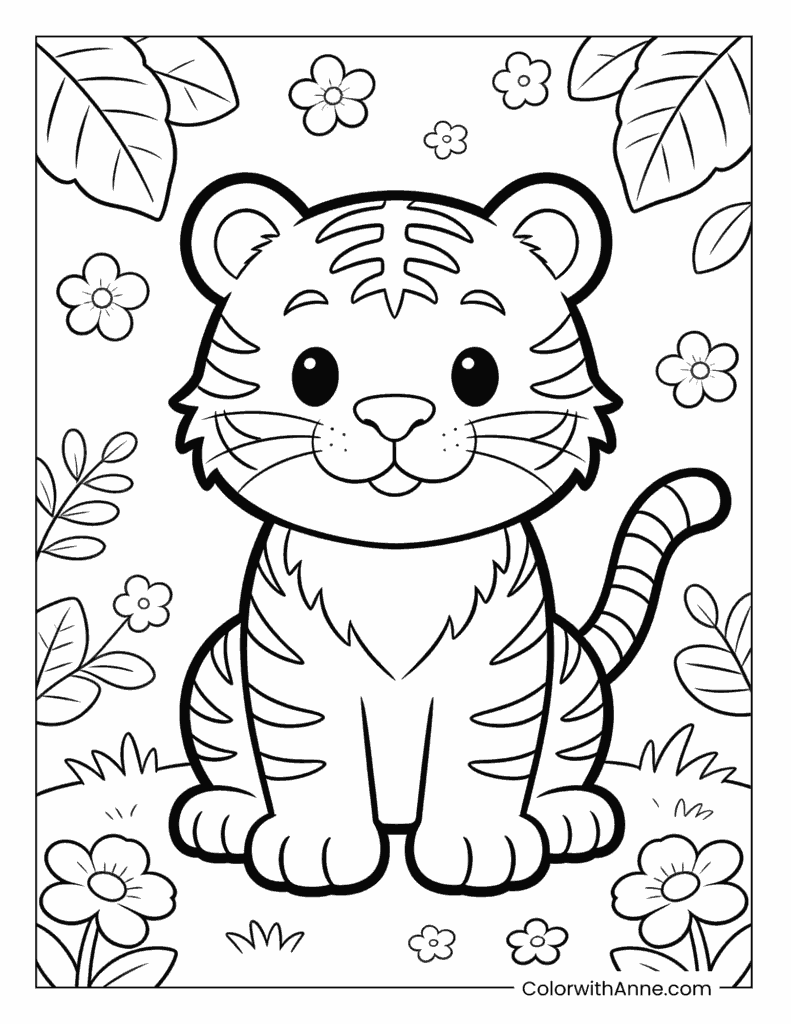 Smiling Tiger with Leaves and Blossoms Coloring Page