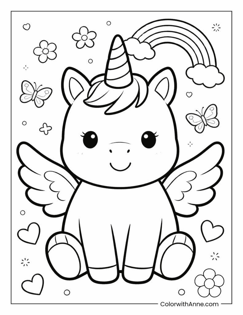 Smiling Unicorn with Rainbow and Flowers Coloring Page