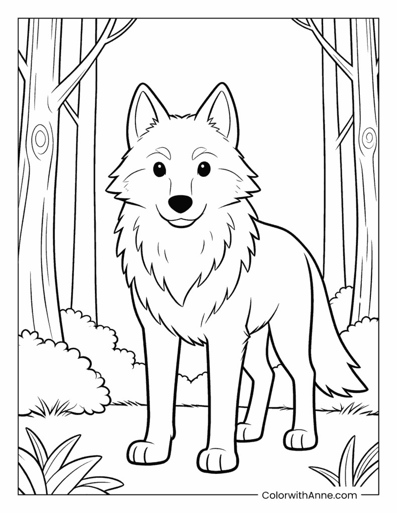 Smiling Wolf in a Forest Coloring Page