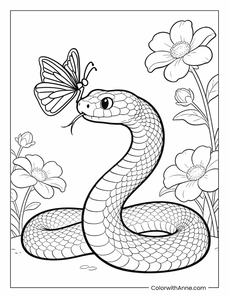 Snake and Butterfly Garden Coloring Page