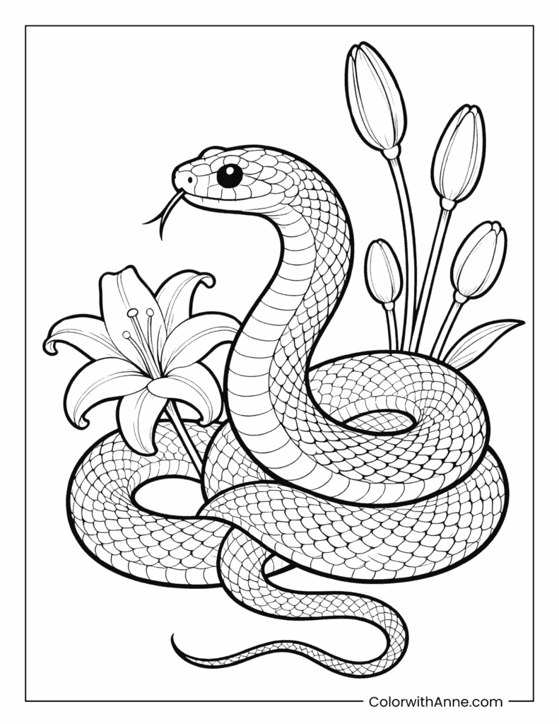 Snake with Lily Flowers Coloring Page