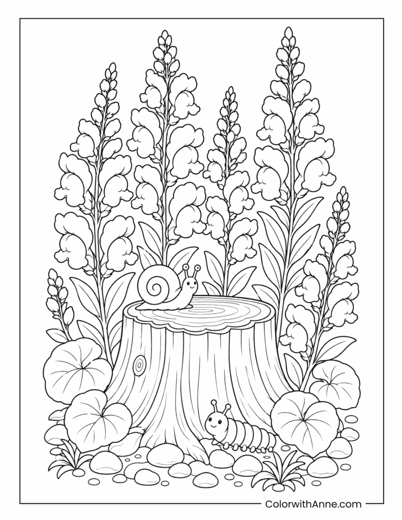 Snapdragon Garden with Snail and Caterpillar Coloring Page
