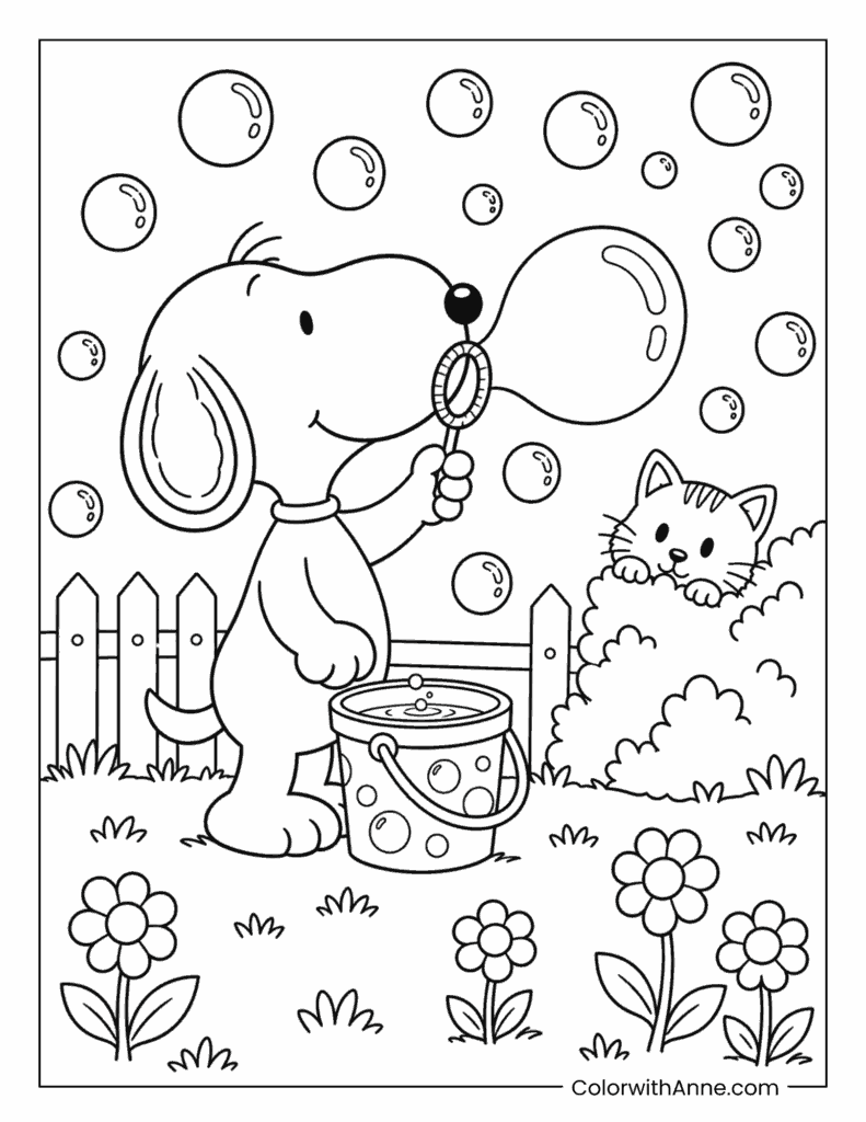 Snoopy Blowing Bubbles with a Curious Kitten Coloring Page