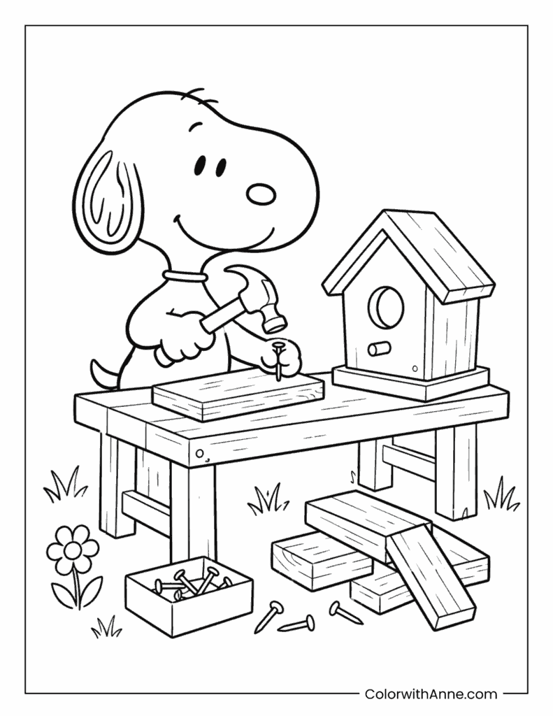 Snoopy Building a Wooden Birdhouse with a Hammer Coloring Page