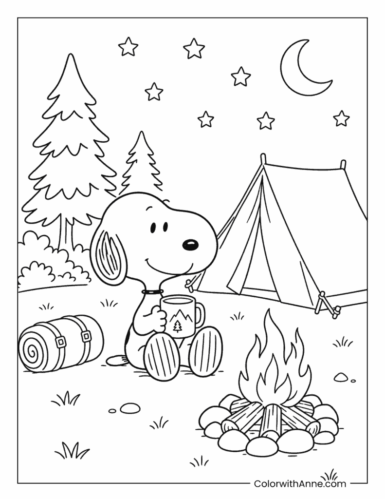 Snoopy Camping Beside a Cozy Campfire Coloring Page